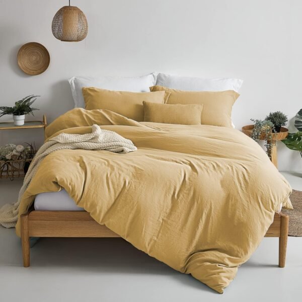 Super Soft Duvet Cover - 100% Washed Microfiber Warm Mustard Yellow Comforter Cover Set 3 Pieces with Zipper Closure & Corner Ties (No Comforter)