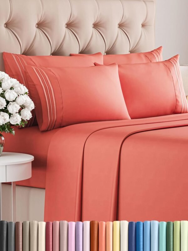 Queen 6 Piece Sheet Set - Breathable & Cooling Sheets - Hotel Luxury Bed Sheets - 1 Flat Sheet, 1 Fitted Sheet & 4 Pillowcases - Deep Pocket - Easy Fit, Soft & Wrinkle Free - Queen Coral Sheets