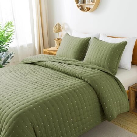 Green Queen Size Quilt Bedding Sets with Pillow Shams, Dark Sage Olive Lightweight Bedspread Coverlet, Quilted Blanket Thin Comforter Bed Cover, All Season Summer Spring, 3 Pieces, 90x90 inches