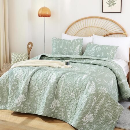 Quilts Queen Size Sage Green Quilt Botanical with Floral Pattern Microfiber Bedspreads Queen Size 3 Pieces Lightweight Comforter Reversible Bedding Set with 2 Pillow Cases
