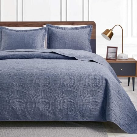 Quilts for Queen Bed Blue Bedspreads - Soft Bed Summer Quilt Lightweight Microfiber Bedspread- rn Style Coin Pattern Coverlet for All Season - 3 Piece (1 Quilt, 2 Pillow Shams)
